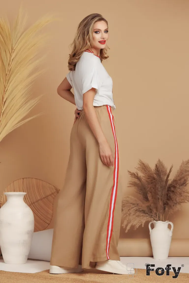 Pantalon dama de din in premium supersoft bej cu dungi laterale rosii picture - 3