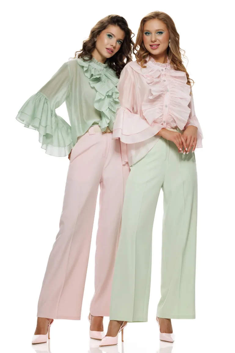 Pantalon dama elegant vernil wide cu buzunare si curea picture - 5