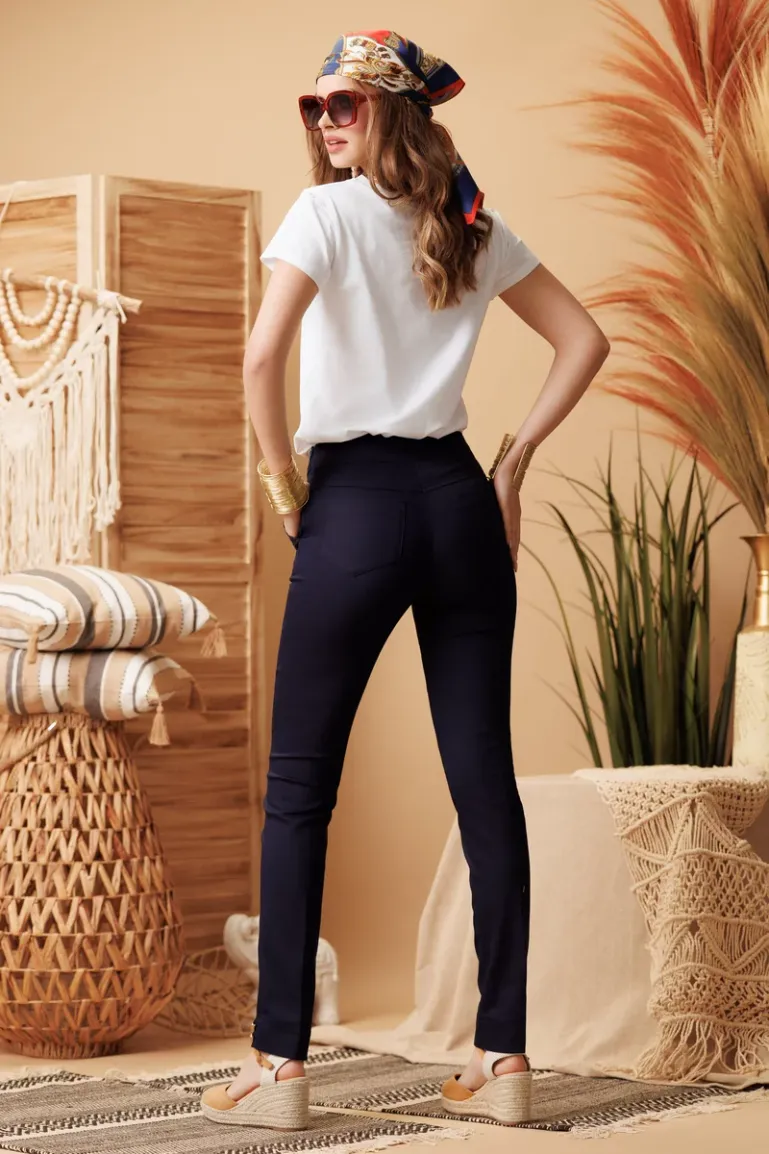 Pantaloni Fofy dama bleumarin premium cu talie medie si nasturi cu aurii navy picture - 2