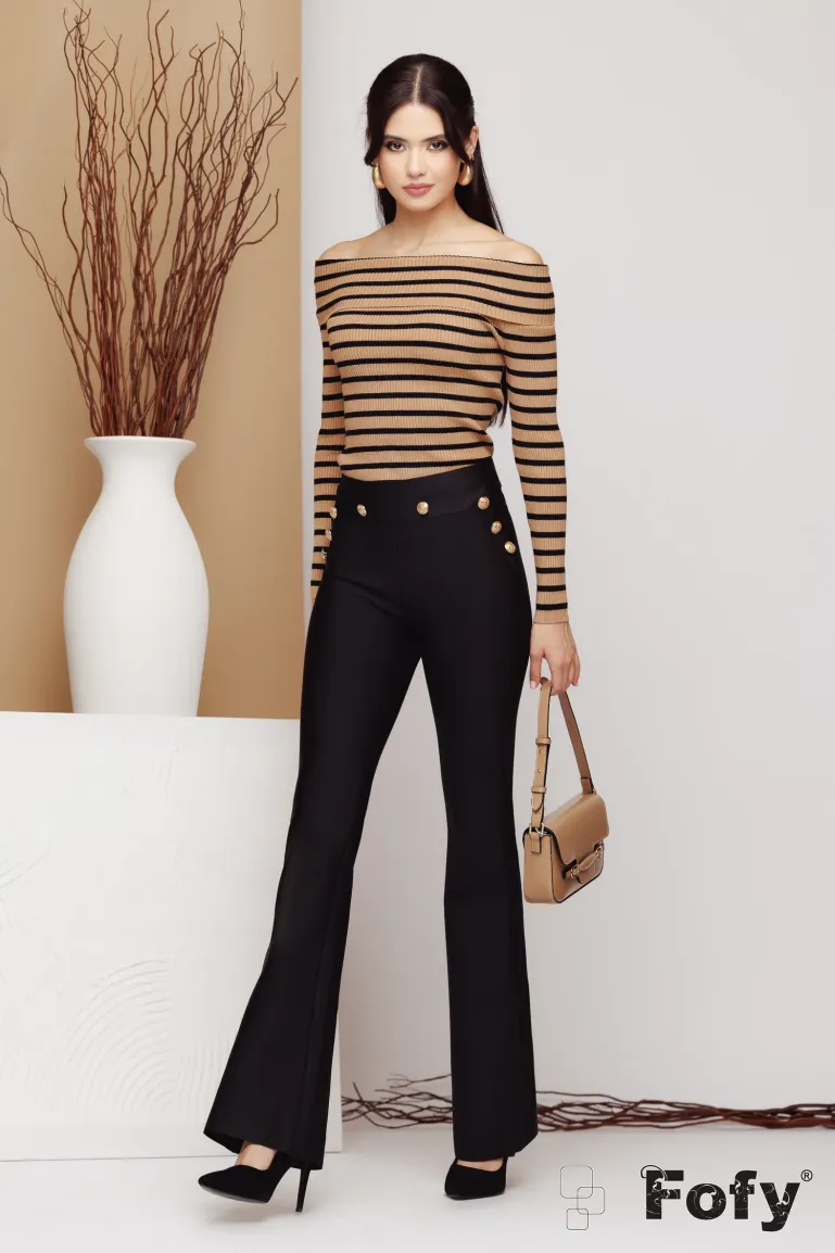 Pulover dama elegant bej cu dungi negre intors pe umeri  picture - 3