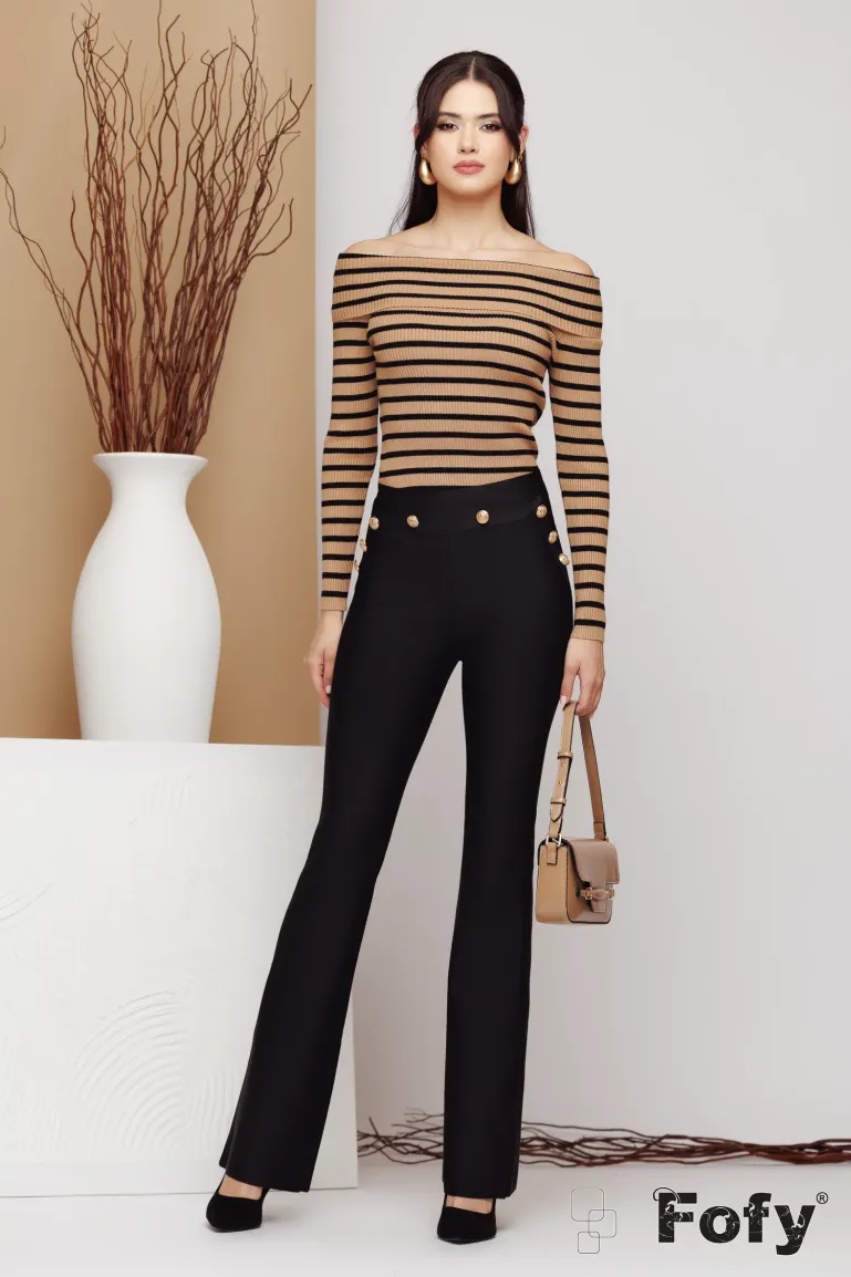 Pulover dama elegant bej cu dungi negre intors pe umeri  picture - 2