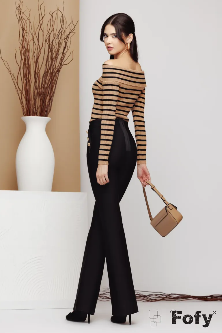Pulover dama elegant bej cu dungi negre intors pe umeri  picture - 5
