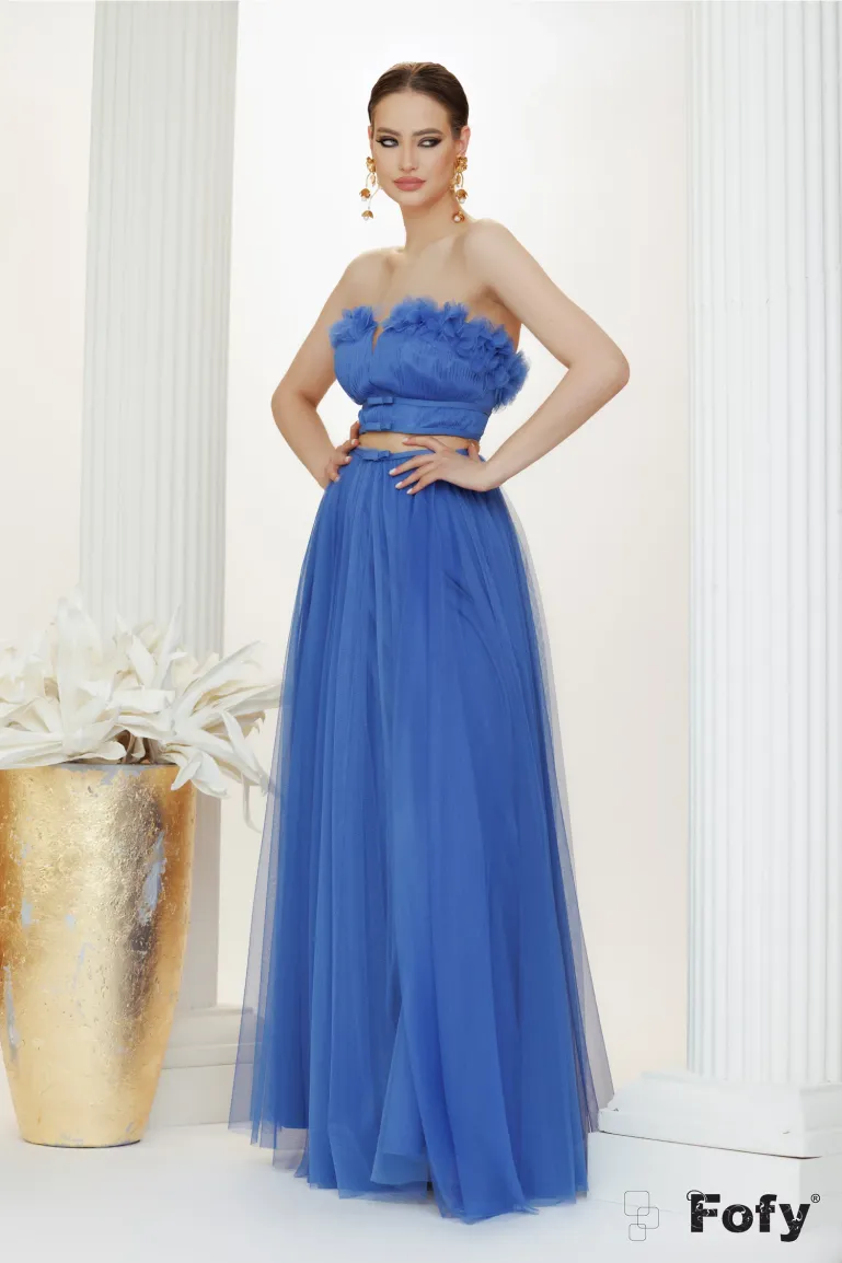 Rochie de ocazie de LUX din albastru royal din tul bust buretat si transparenta in zona taliei picture - 2
