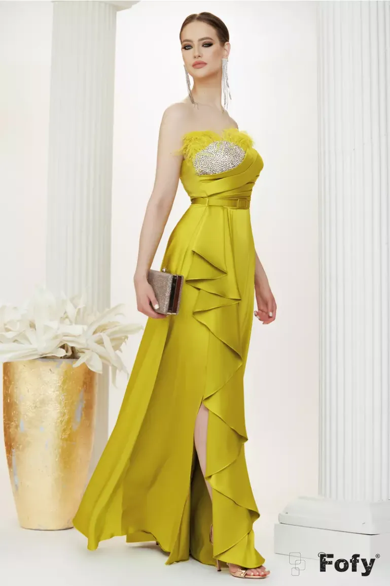 Rochie de ocazie de LUX din tafta satinata lime cu bust fronsat pene si cristale picture - 2