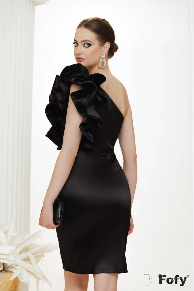 Rochie de ocazie Fofy neagra elegantă din tafta cu volane maxi pe un umar picture - 2