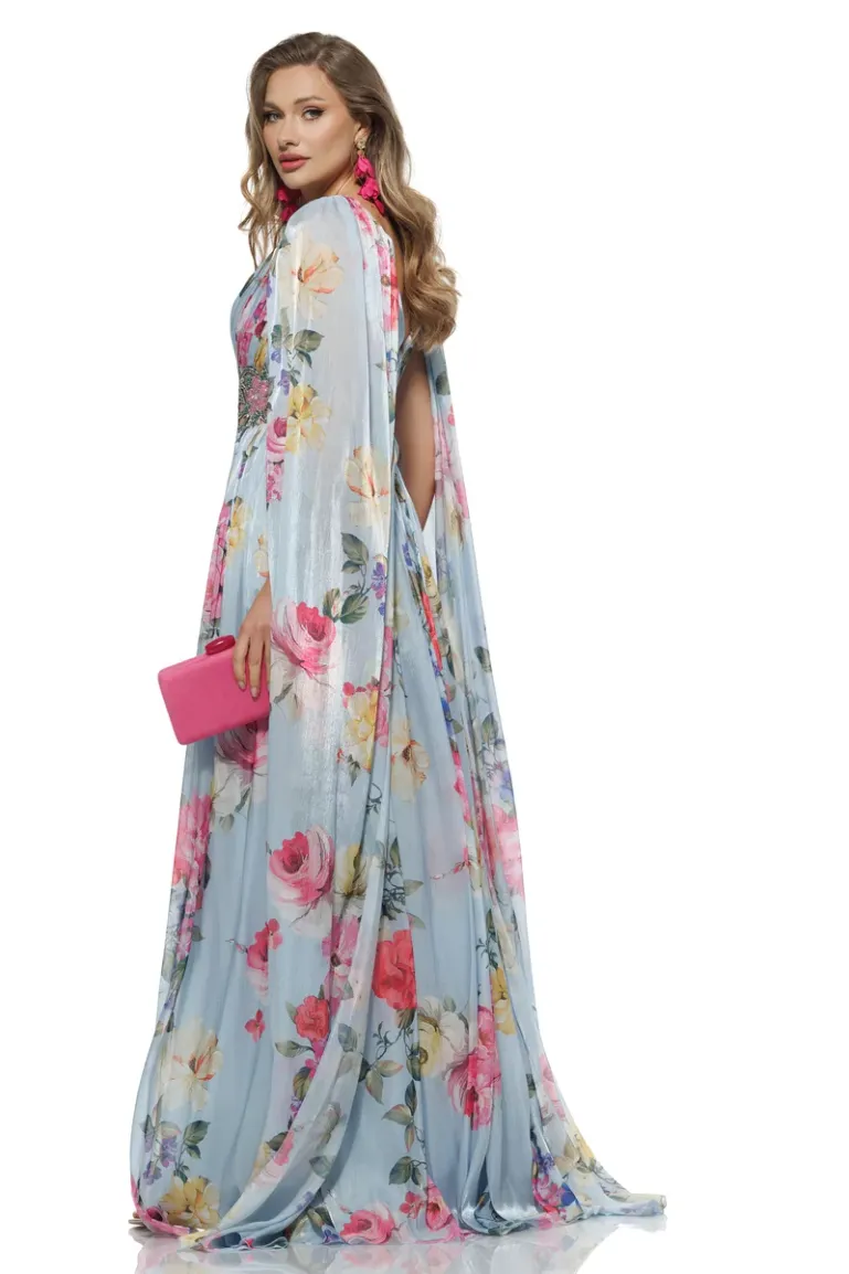 Rochie de ocazie lunga de LUX spectaculoasa din voal cu imprimeu foral satinat baby blue cu aplicatii de cristale si maneci despicate  picture - 2