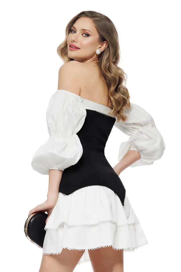 Rochie de ocazie spectaculoasa cu corset grafic negru si fusta alba cu volane picture - 2