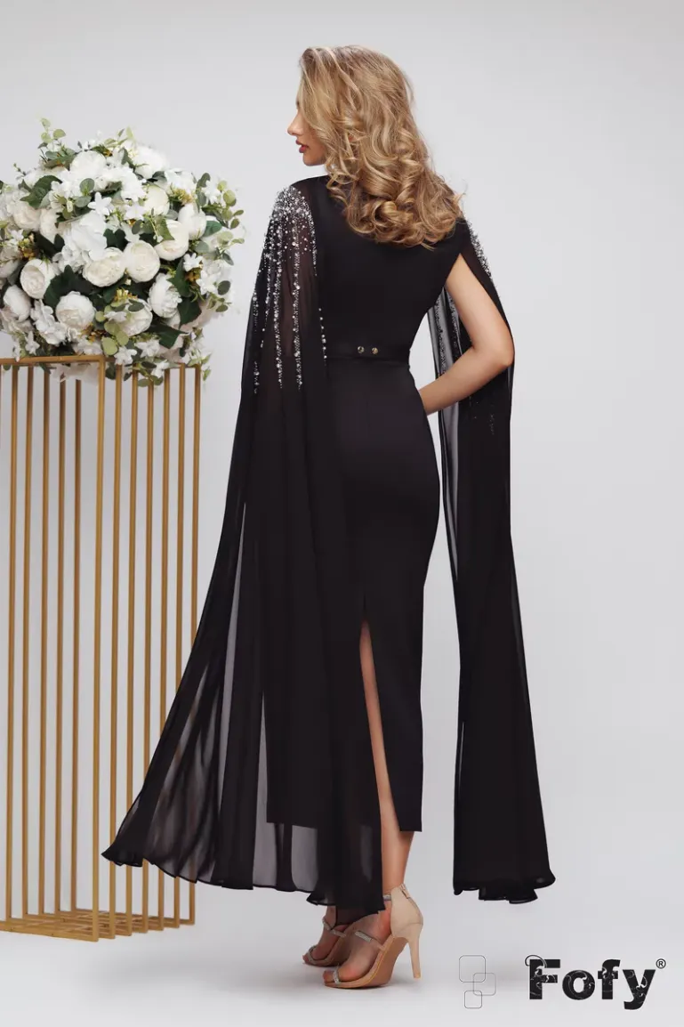 Rochie de ocazie spectaculoasa neagra lunga cu maneci diafane si aplicatii de perle si strasuri picture - 3