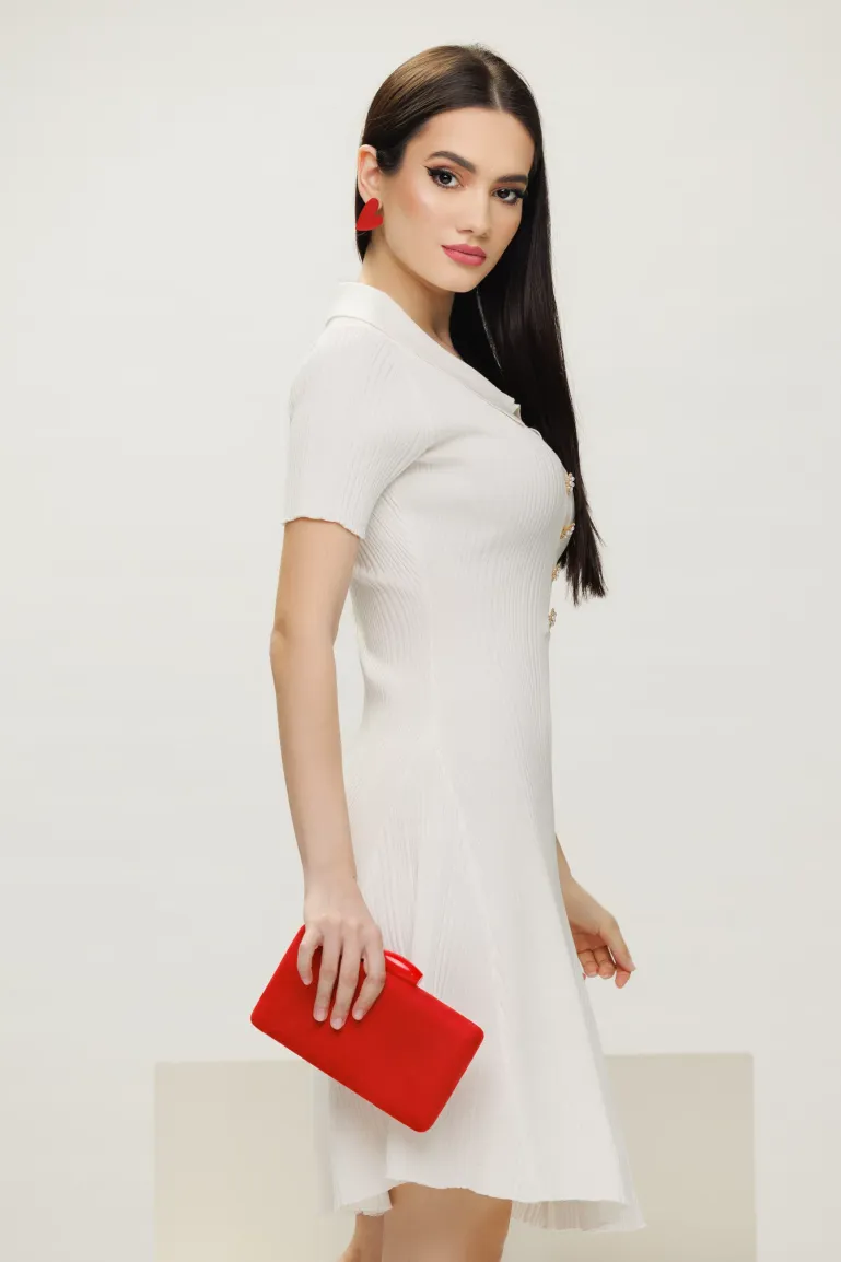 Rochie eleganta alba din tricot premium cu guler si nasturi cu perle si strasuri  picture - 3