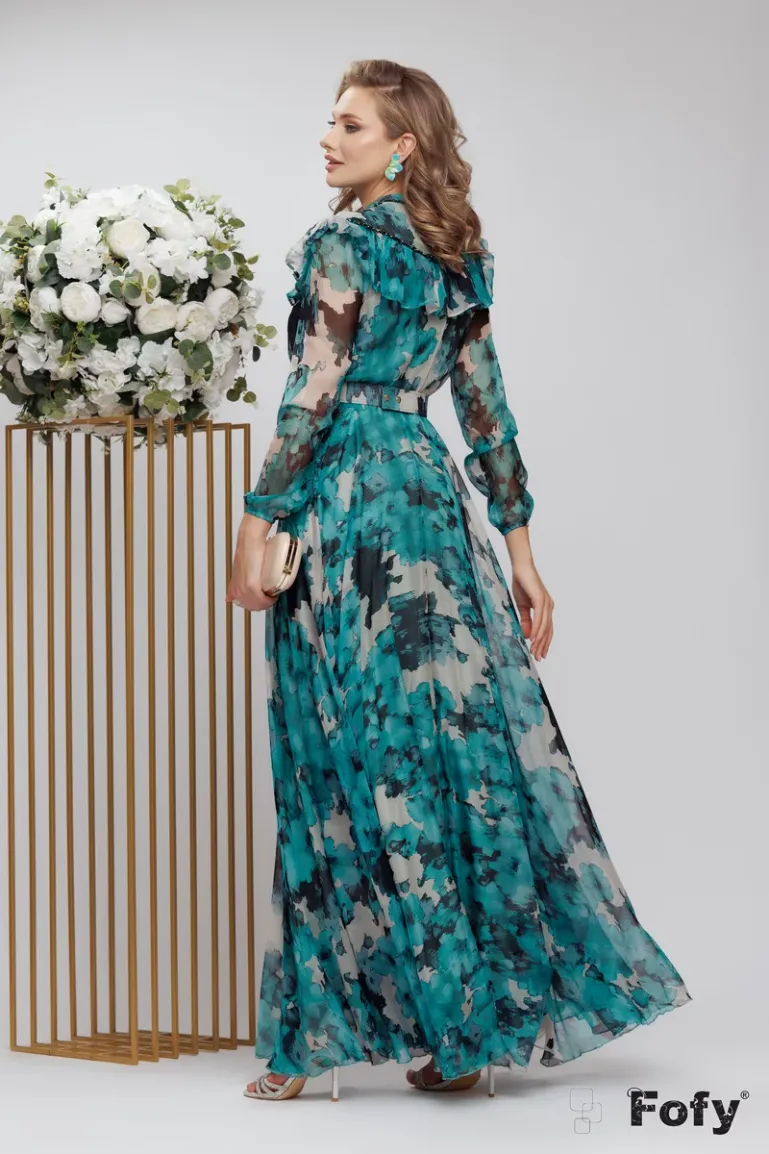 Rochie eleganta de ocazie lunga de LUX din voal fin imprimeu floral verde si margele picture - 3