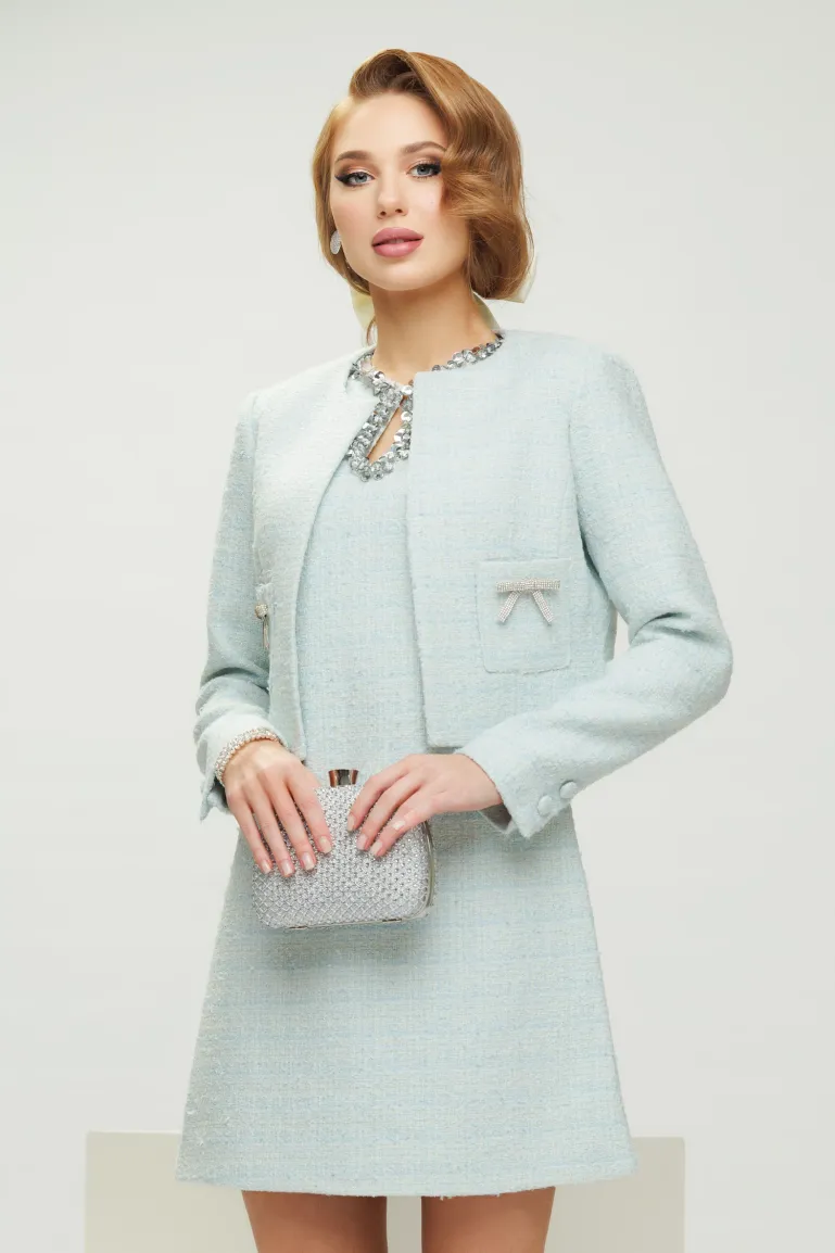 Rochie eleganta retro din tweed bleu premium cu contururi din perle paiete si cristale argintii picture - 4