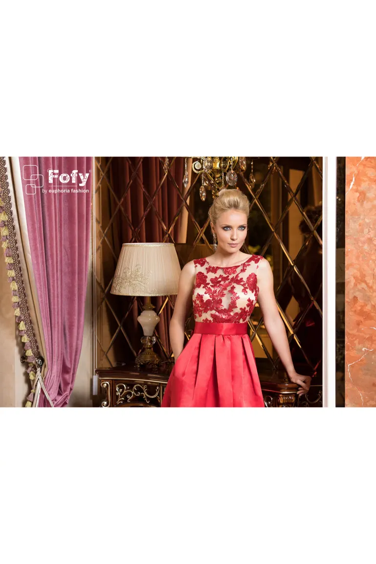 Rochie Fofy de ocazie lunga rosie cu spate gol si bust din tull cu paiete picture - 4
