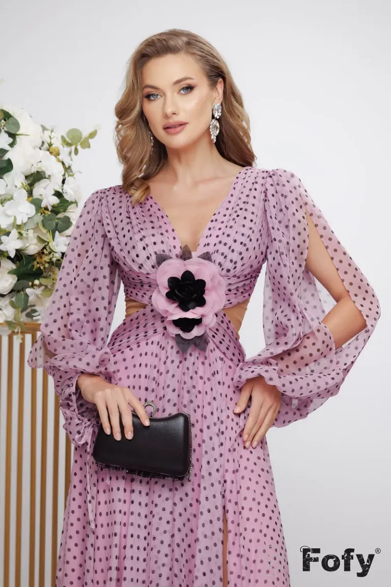 Rochie lunga de ocazie de LUX din voal diafan roz liliachiu cu buline decolteu petrecut si floare lucrata manual picture - 2