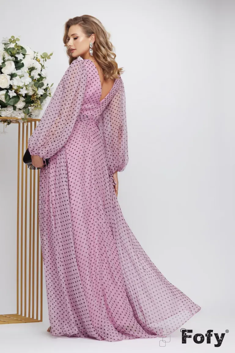 Rochie lunga de ocazie de LUX din voal diafan roz liliachiu cu buline decolteu petrecut si floare lucrata manual picture - 3