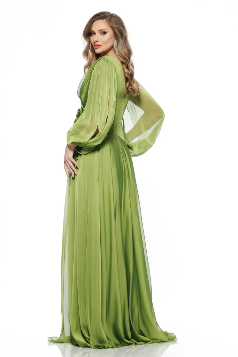 Rochie lunga de ocazie de LUX din voal verde fistic cu decolteu petrecut floare maxi si maneci despicate picture - 2