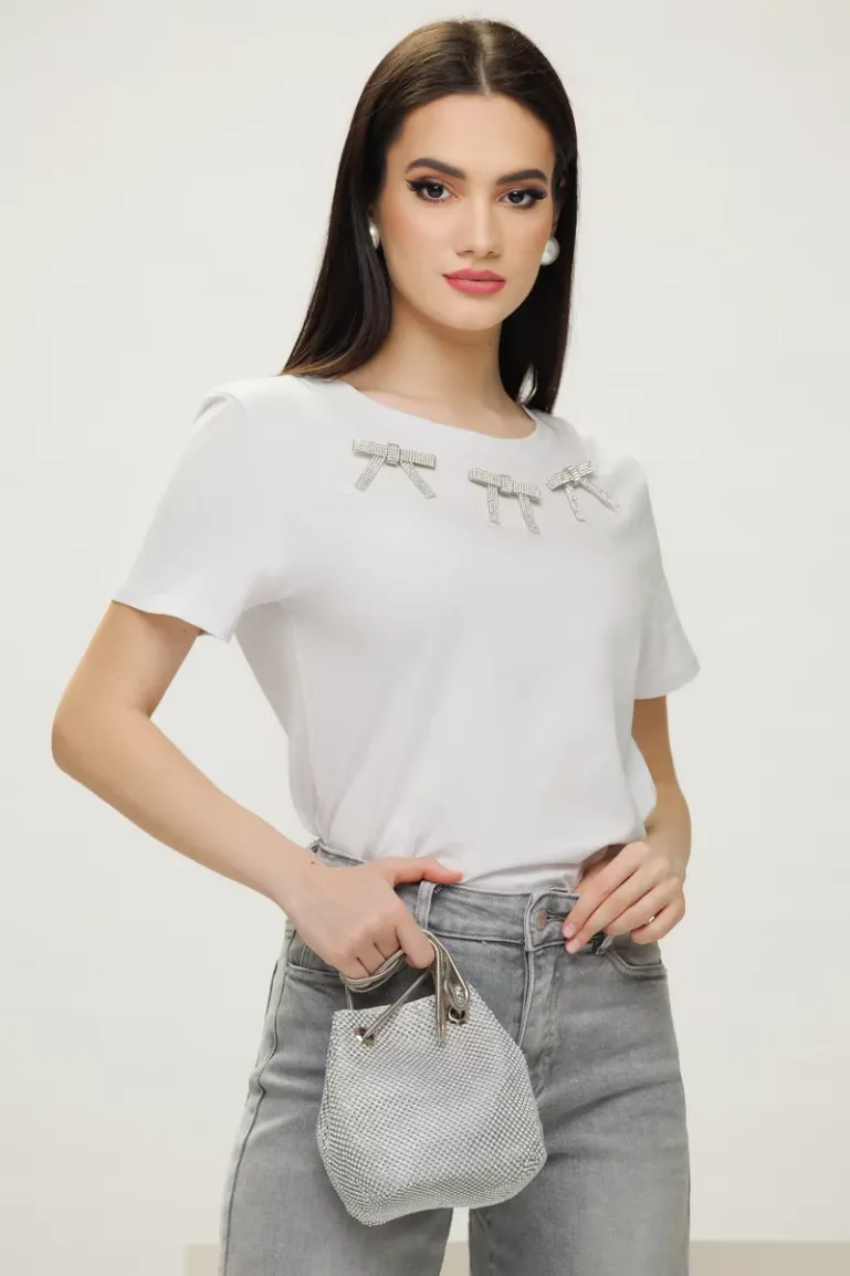 Tricou dama alb premium cu fundite de strasuri  picture - 2