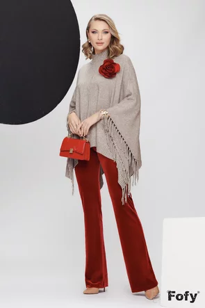 Pulover dama bej stil poncho din tricot premium cu franjuri laterali