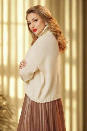 Pulover dama crem premium cu paiete fine argintii