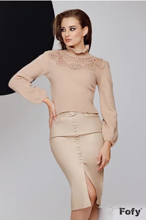 Pulover dama elegant bej cu aplicatie de broderie premium