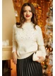 Pulover dama elegant crem cu aplicatii de perle si strasuri