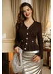 Pulover dama elegant din tricot premium maro cu peplum si nasturi din cristale