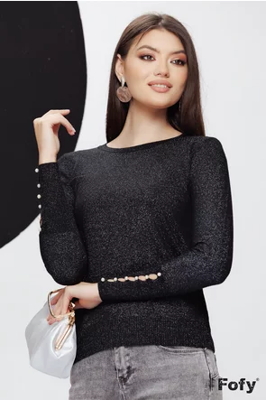 Pulover dama elegant negru cu fir de lurex manseta lata  despicata cu perle si margele argintii