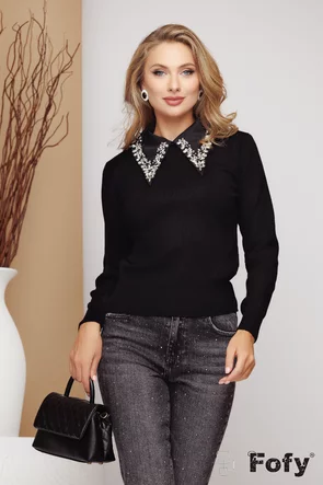 Pulover dama elegant negru premium cu guler maxi si aplicatii manuale de cristale