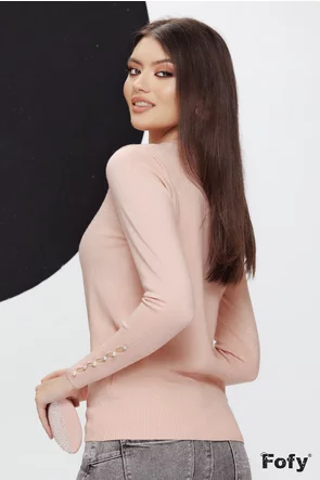 Pulover dama elegant roz cu fir de lurex manseta lata  despicata cu perle si margele argintii