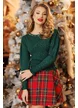 Pulover dama elegant verde inchis cu fir de lurex talie si mansete structurate si perle aplicate