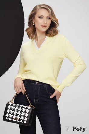Pulover dama galben premium din casmir si bumbac cu aplicatie de dantela pe anchior