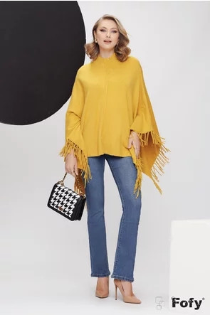 Pulover dama galben stil poncho din tricot premium cu franjuri laterali