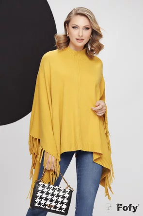 Pulover dama galben stil poncho din tricot premium cu franjuri laterali