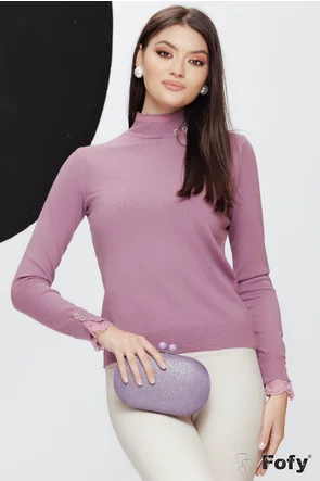 Pulover dama lila tip helanca cu dantela la mansete si accesorii delicate cu strass