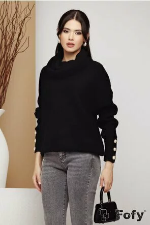 Pulover dama negru cu guler inalt si nasturi perla pe maneci