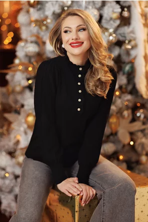 Pulover dama negru premium cu masete late volanase si nasturi cu perlute