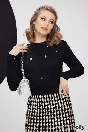 Pulover dama negru premium din casmir si bumbac cu aplicatii de cristale