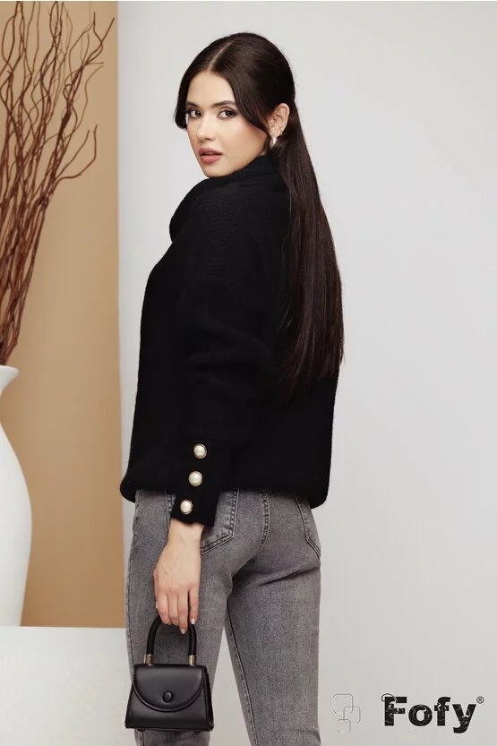 Pulover dama negru pufos cu guler mare si nasturi bijuterie perla pretiosi picture - 2