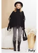 Pulover dama negru stil poncho din tricot premium cu franjuri