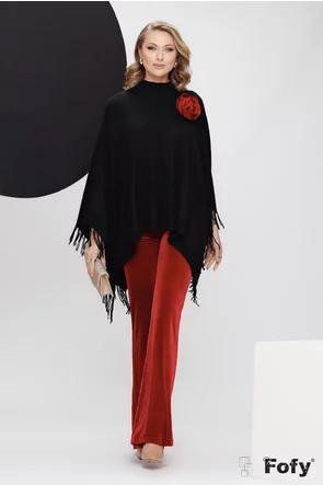 Pulover dama negru stil poncho din tricot premium cu franjuri laterali