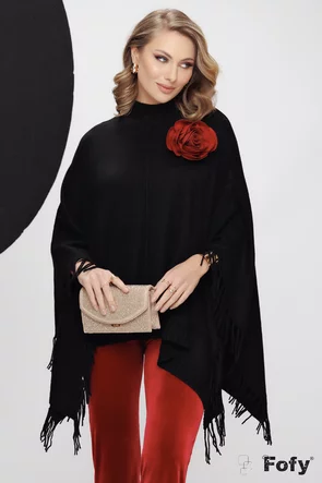 Pulover dama negru stil poncho din tricot premium cu franjuri laterali