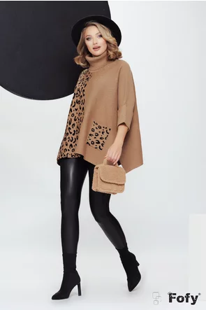 Pulover dama oversize premium bej pe gat cu cu buzunar animal print
