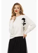 Pulover dama premium alb cu flori alb negru si cristale