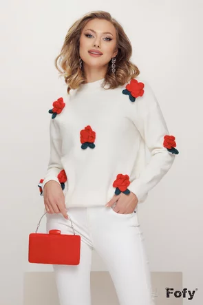 Pulover dama premium alb cu floricele 3D rosii