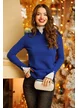 Pulover dama premium albastru cu volane plisate conturate cu negru