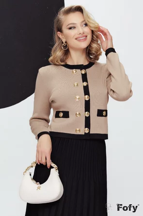 Pulover dama premium bej stil jacheta cu contururi negre si nasturi aurii