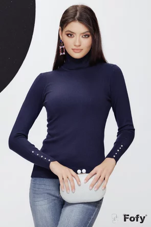 Pulover dama premium bleumarin cu casmir si bumbac cu aplicatii de perle si strassuri la maneca