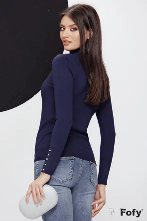 Pulover dama premium bleumarin cu casmir si bumbac cu aplicatii de perle si strassuri la maneca