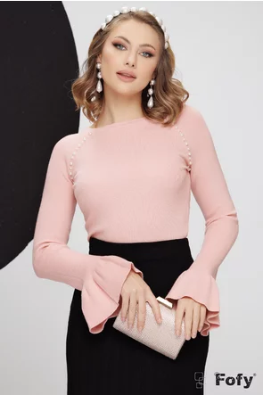 Pulover dama premium din casmir si bumbac roz cu aplicatii de perle si cloptotel la maneca