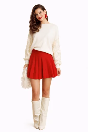 Pulover dama premium festiv crem cu maneci din dantela si paiete