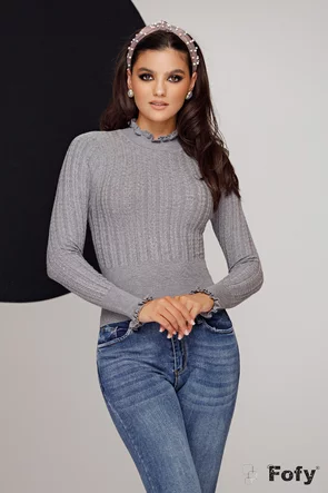 Pulover dama premium gri cu casmir si bumbac structurat cu volane la gat si maneci 